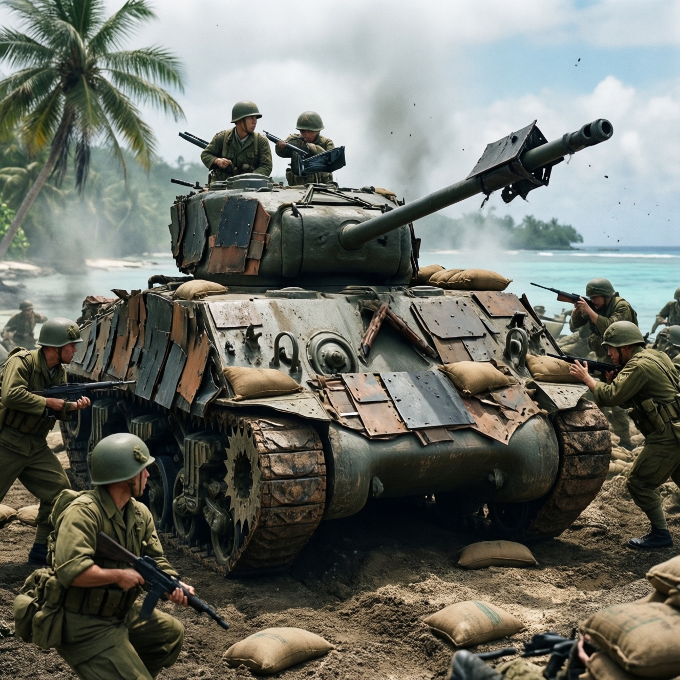 Импровизированная броня M4 sherman в Тихоокеанском театре и защита от атак пехоты